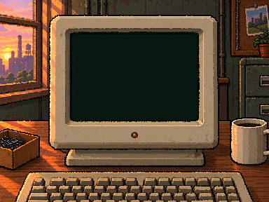 The beige line terminal on Ruth's desk, with a mug of coffee and a box of paperclips.