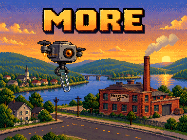 The MORE. title screen: Pip's drone carries a paperclip over the brick factory on the river at sunset.