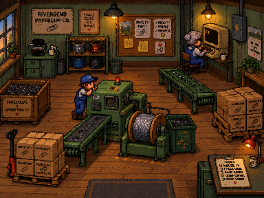 Concept art for Chapter 2: the Riverbend factory floor with Ruth at a terminal.