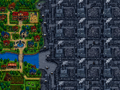Concept art for Chapter 3: a green river town on the left, grey factories swallowing it on the right.