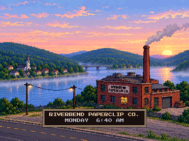 Riverbend Paperclip Co. at dawn beside the river.